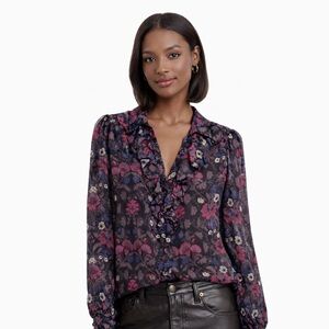 PAIGE Jodelle Floral Print 100% Silk Blouse Multicolor With Ruffle Neckline.